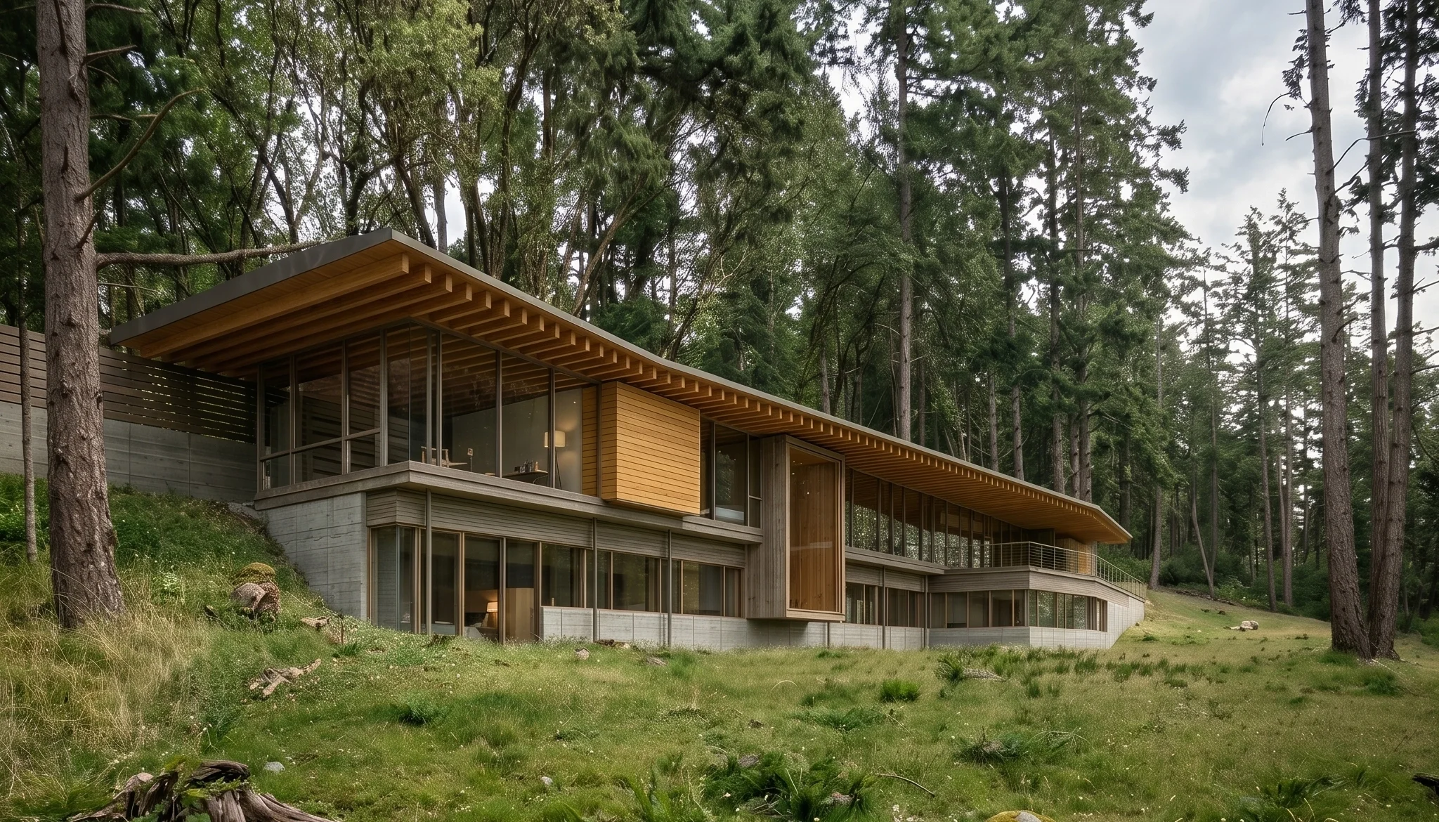 A wood, glass and concrete house built into a rugged hillside, with a large second floor deck