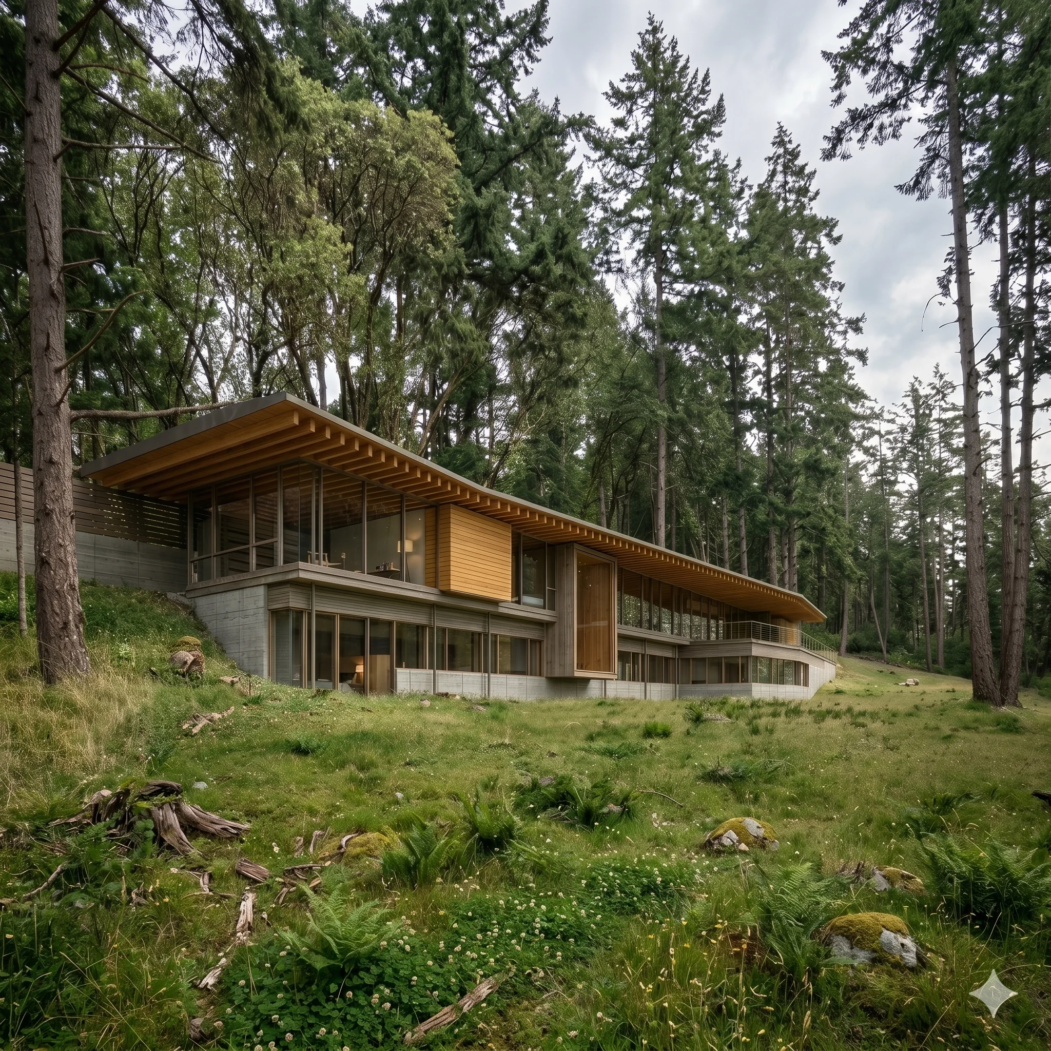 A wood, glass and concrete house built into a rugged hillside, with a large second floor deck